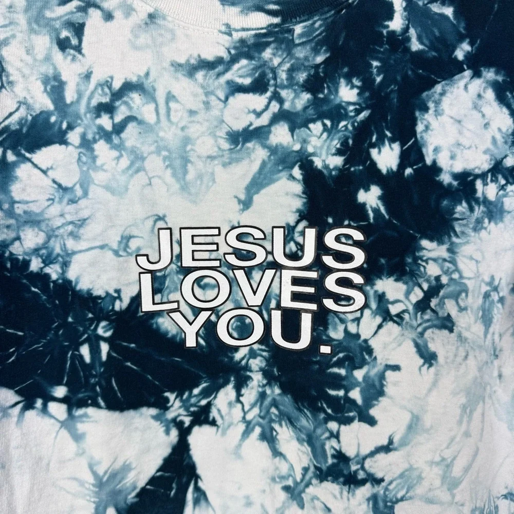 Shaka Wear Tie Dye Jesus Loves You Christian T-Shirt Top Blue Ice Dye